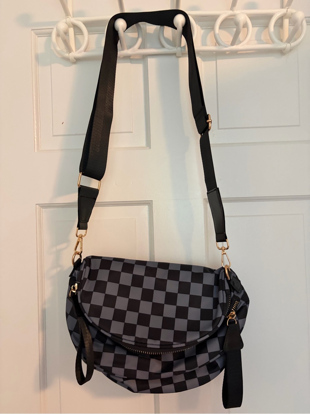 Emmafy Black & Gray Checkered Crossbody Shoulder Bag